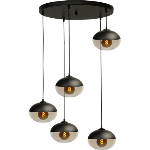 Hanglamp Opaco 5-lichts mat zwart base Ø50cm 5x glas smoke Ø25x17cm - MASTERLIGHT