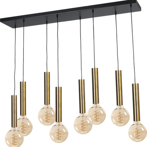 Hanglamp Tomasso 8-lichts antiek messing - plafondplaat zwarte 130x25cm - zwarte stoffen kabel 150cm - MASTERLIGHT