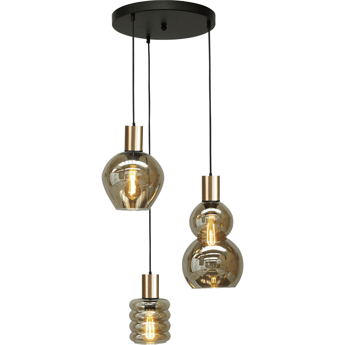 Hanglamp Bounty 3-lichts mat zwart/mat goud Ø35cm - 3x E27 hanger mat zwart 150cm - 1x glas smoke 62260-05-2 - 1x glas smoke 62260-05-3  - 1x glas smoke 62260-05-7 - MASTERLIGHT