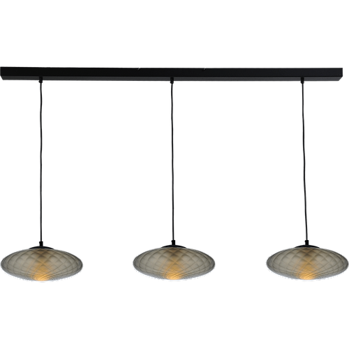 Hanglamp Bottega 3-lichts zwarte plafondplaat 130x8cm - glas smoke Ø30cm - zwarte stoffen kabel 150cm - MASTERLIGHT