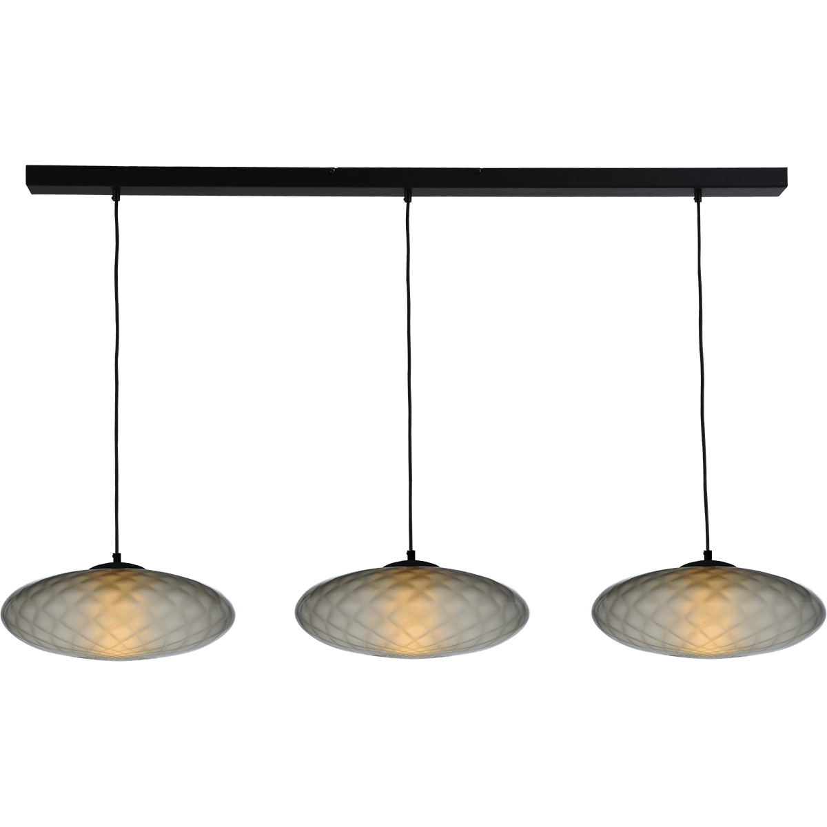 Hanglamp Bottega 3-lichts zwarte plafondplaat 130x8cm - glas smoke Ø40cm - zwarte stoffen kabel 150cm - MASTERLIGHT