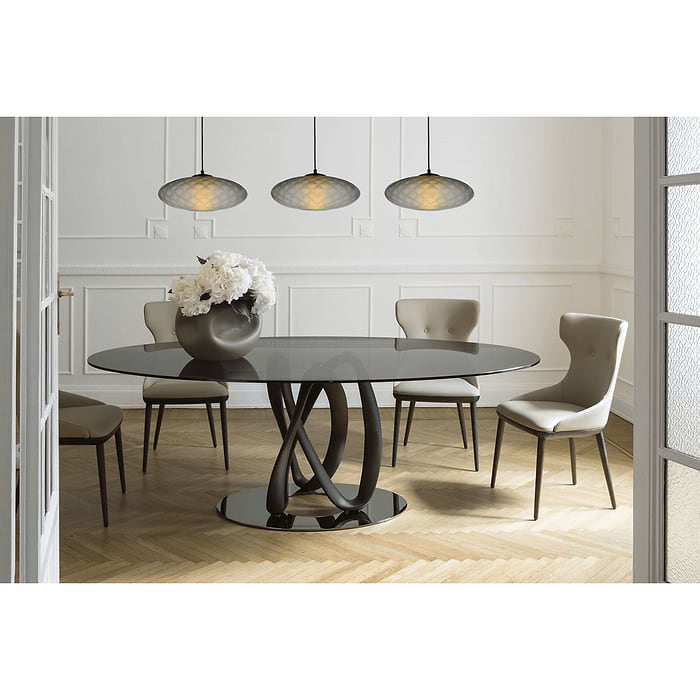 Hanglamp Bottega 3-lichts zwarte plafondplaat 130x8cm - glas smoke Ø40cm - zwarte stoffen kabel 150cm - MASTERLIGHT