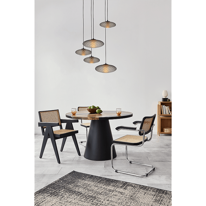 Hanglamp Bottega 5-lichts matt zwart Ø50cm - glas smoke 3x Ø30cm + 2x Ø40cm - zwarte stoffen kabel 350cm - MASTERLIGHT