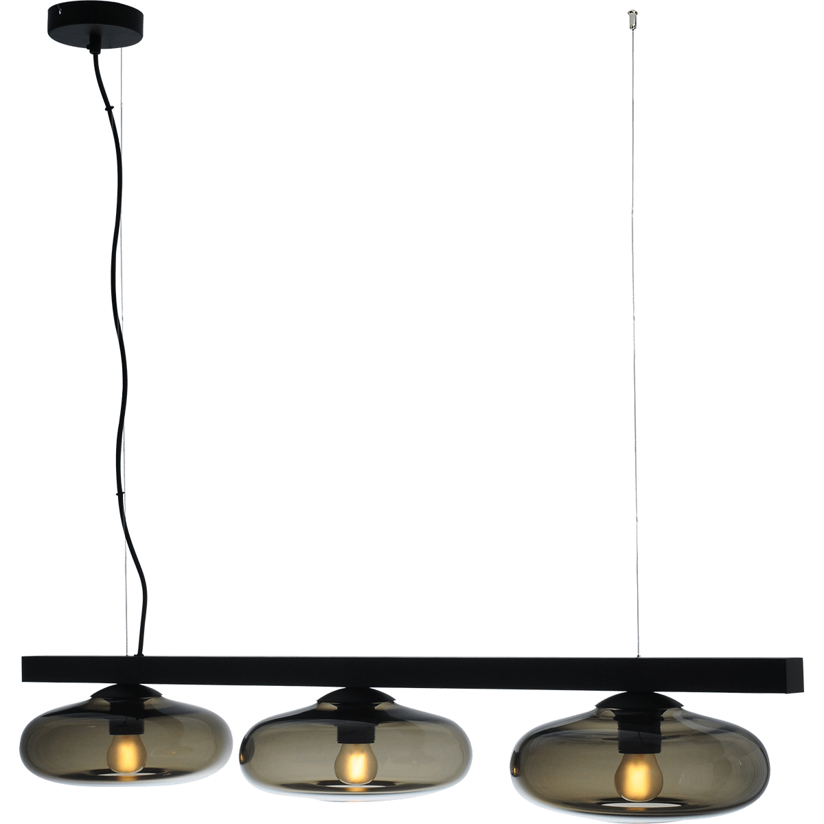 Hanglamp Hoseki 3-lichts zwart 100cm - 3x down - 3x glas smoke Ø23cm - stalen draad 150cm - MASTERLIGHT
