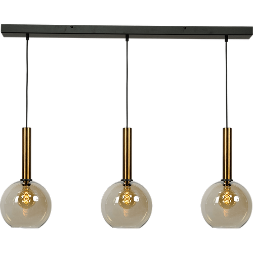 Hanglamp Bella -  3-lichts mat zwart/antiek brons - plafondplaat mat zwart 100x8cm - zwarte pvc kabel 150cm - + 3x glas Ø25cm 62260-05-20-25 - MASTERLIGHT