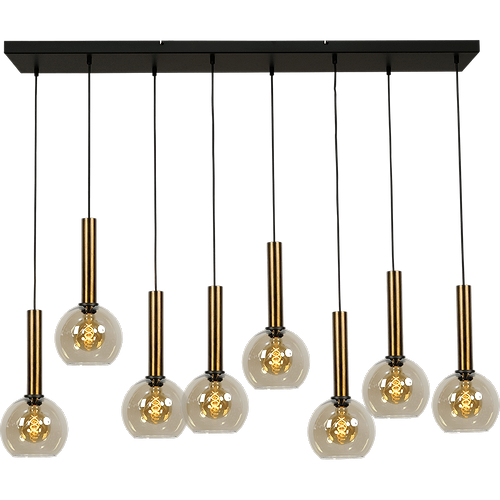 Hanglamp Bella -  8-lichts mat zwart/antiek brons - plafondplaat mat zwart 130x25cm - zwarte pvc kabel 150cm - + 8x glas Ø20cm 62260-05-20-20 - MASTERLIGHT
