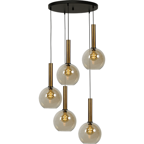Hanglamp Bella -  5-lichts mat zwart/antiek brons Ø50cm - zwarte pvc kabel 350cm + glas 5x 62260-05-20-25 -  - MASTERLIGHT
