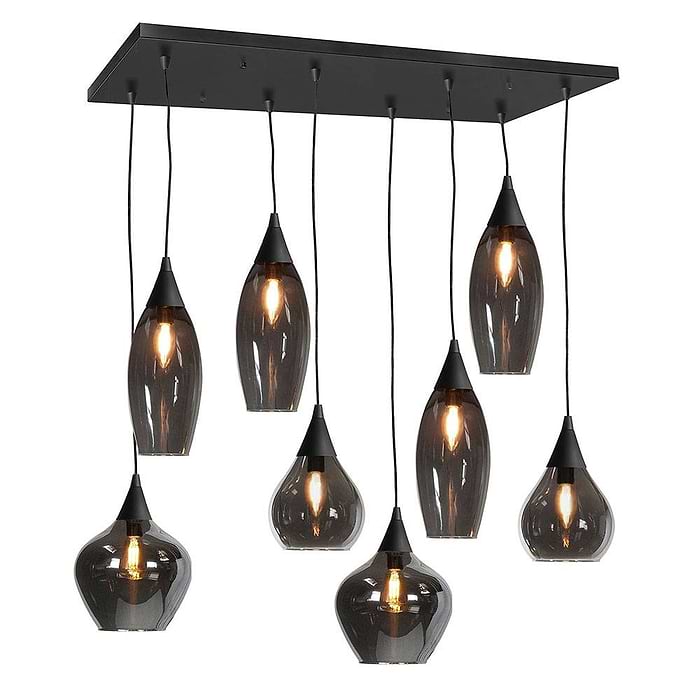 Hanglamp Cambio 8 X E14 balk 94cm. Mat Zwart + glas Smoke