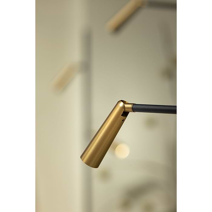 05-VL8381-3004. Moderne vloerlamp met twee spots zwart/goud. Geïntegreerd LED. Serie Barry - ETH. Deze spot vloerlamp is dimbaar met knop op kabel/snoer.  In de Barry serie van ETH bevinden zich ook plafondspots met 1