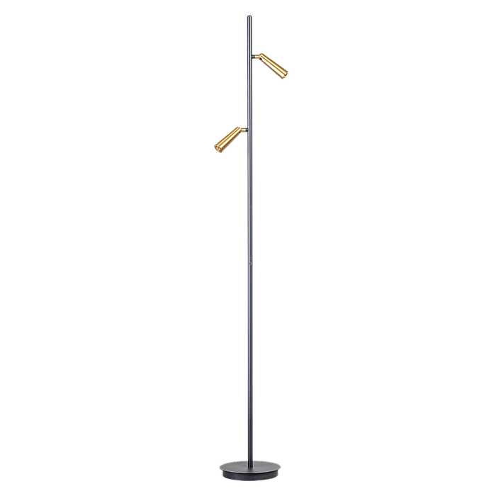 05-VL8381-3004. Moderne vloerlamp met twee spots zwart/goud. Geïntegreerd LED. Serie Barry - ETH. Deze spot vloerlamp is dimbaar met knop op kabel/snoer.  In de Barry serie van ETH bevinden zich ook plafondspots met 1