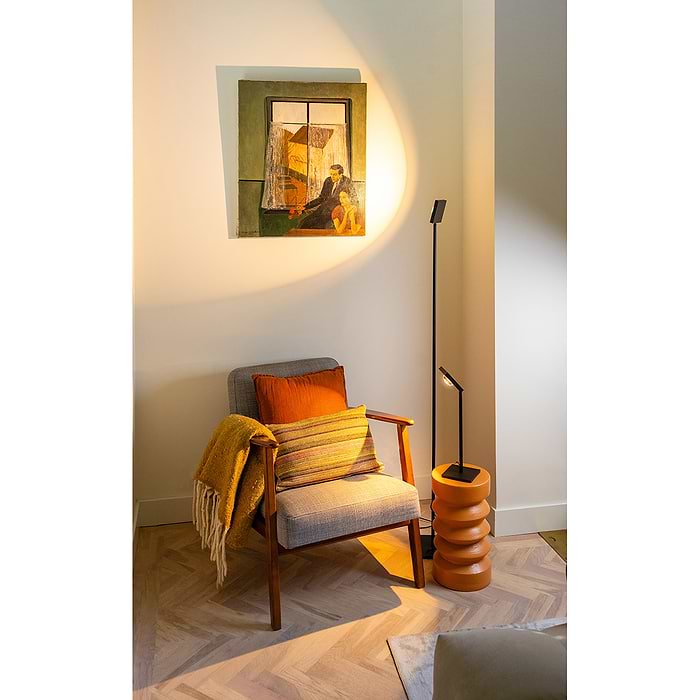 05-VL8374-30. Vloerlamp Jake. Een verstelbare stoere zwarte vloerlamp waarmee je ergens een mooi lichtspot op kunt richten. In de serie Jake van het merk ETH bevindt zich ook een tafellamp. Zoek naar 'Jake' in het zoekveld op onze website.