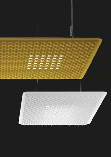 Projectverlichting, akoestiek verbeteren met een lamp. Deze akoestische lamp is van Artimide en leverbaar in verschillende kleuren en vormen. Verlichtingsarmaturen en lampen voor kantoren, schepen, winkels, horeca, musea, etc. Webo adviseert al meer dan 60 jaar architecten, bedrijven en instellingen bij de inrichting van zakelijke ruimtes.