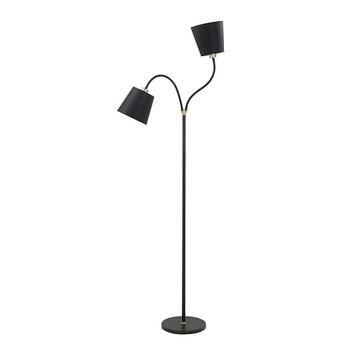 Vloerlamp Texas 2-lichts. Het armatuur van deze sfeerlamp is mat zwart met goud. De lamp heeft twee flexibele armen. Hoogte 140 cm