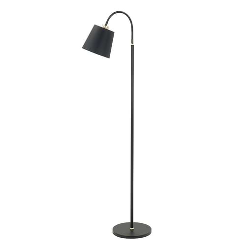 Vloerlamp Texas. Het armatuur van deze sfeerlamp is mat zwart met goud. Flexibele arm