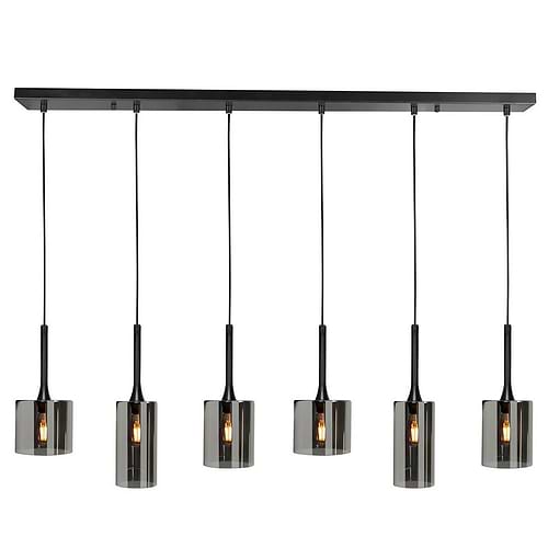 Hanglamp Diverso mat zwart metaal met glazen kappen - kleur Smoke (zwart rookglas) -  Deze prachtige stijlvolle design lamp heeft drie varianten glazen - van 10 cm doorsnede - 12 cm en 14 cm diameter -  De mat zwarte plafondplaat heeft een lengte van 110 cm en een breedte van 10 cm -  De hoogte is 160 cm - dit is de maximale hoogte want de snoeren zijn bij montage gemakkelijk in hoogte te verstellen -  De lamp is te dimmen met een externe dimmer (exclusief) -  In de lamp passen LED lampen met een E14 fitting van maximaal 40 Watt -  Ook mooie E14 filament LED lichtbronnen passen erin -  De lichtbronen zijn exclusief -  Binnen deze Diverso serie van HIGH LIGHT bevinden zich meer lampen -  Zoals een wandlamp en een tafellamp -  Zoek in onze webshop op het woord Diverso en u ziet de gehele collectie staan -  H541301