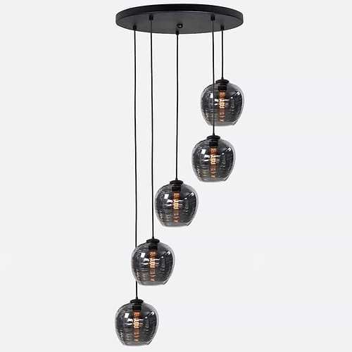 Hanglamp Fantasy Globe 5-lichts inclusief Smoke glas bollen - LED - mat zwart - dimbaar - HIGH LIGHT -  Prachtige transparante zwarte smoke glas kappen -  Diameter glas is 22 cm -  Lichtbron is exclusief -  Deze prachtige hanglamp is dimbaar met een externe dimmer -  O1039 - 01  +  5xG2040 - 19