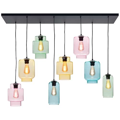 Hanglamp Fantasy Multicolor 8-lichts inclusief gekleurd glas - LED - plafondplaat is mat zwart - dimbaar - van HIGH LIGHT -  Prachtige gladde multicolor glas kappen -  Drie verschillende modellen waarvan het Belle model - de slanke lange - 22 cm lang is -  Fitting E27 - lichtbronnen exclusief -  Deze prachtige hanglamp is dimbaar met een externe dimmer -  De plafondplaat is 130 x 35 cm -  Het snoer maximaal 130 cm -
