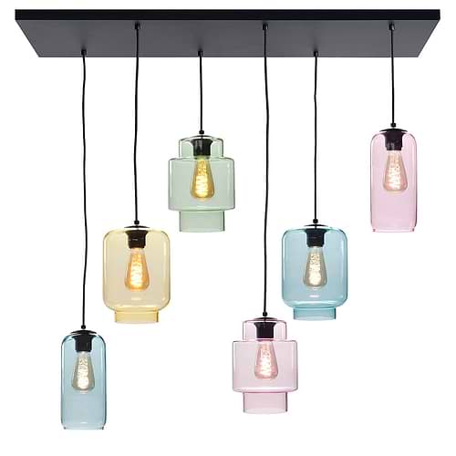 Hanglamp Fantasy Multicolor 6-lichts inclusief gekleurd glas - LED - plafondplaat is mat zwart - dimbaar - van HIGH LIGHT -  Prachtige gladde multicolor glas kappen -  Drie verschillende modellen waarvan het Belle model - de slanke lange - 22 cm lang is -  Fitting E27 - lichtbronnen exclusief -  Deze prachtige hanglamp is dimbaar met een externe dimmer -  De plafondplaat is 100 x 35 cm -  Het snoer maximaal 130 cm -