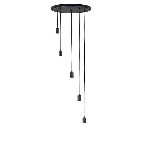Hanglamp Fantasy - 5-lichts - HIGH LIGHT -  De doorsnede van de alu plafondplaat is 45 cm -  De maximale lengte van de kabel is 150 cm - maar gemakkelijk in te korten -  Dit betreft een mat zwart armatuur inclusief de E27 fittingen -  Aan deze lamp passen perfect de Fantasy glas kappen -  Maar de lamp is ook zonder kappen prachtig als u voor de Fantasy LED lichtbronnen kiest - zie onze webshop bij LED lichtbronnen -  Glas en lichtbronnen zijn exclusief - het betreft hier alleen het armatuur -  De lamp is dimbaar te maken met een externe dimmer (exclusief) -  O1038 - 01