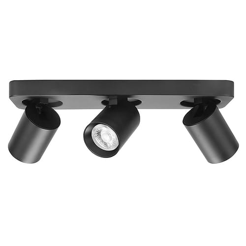 Oliver spot 3-lichts balk zwart -  IP44 - dat betekent dat deze plafondspots lamp ook prima geschikt voor gebruik in de badkamer -  De Oliver serie spots van High Light kenmerkt zich door een strakke vorm en zijn allemaal draaibaar en kantelbaar -  De fitting is GU10 LED -  De spot wordt geleverd zonder lichtbronnen - maar in de spots passen vervangbare GU10 lichtbronnen van maximaal 35 Watt - LED -  Ook de Philips HUE lichtbronnen passen in deze spots -  De lichtbron komt iets verdiept in de spot te zitten -  De plafondplaat heeft een lengte van 35 cm en een breedte van 9 cm -  De spots zijn 11 cm hoog -  De spot is ook dimbaar te maken met een externe wanddimmer (exclusief) -  In de Oliver serie bevinden zich zwarte en witte 3-lichts balken IP20 - maar ook IP44 welke geschikt zijn voor gebruik in de badkamer -  S7439 - 00