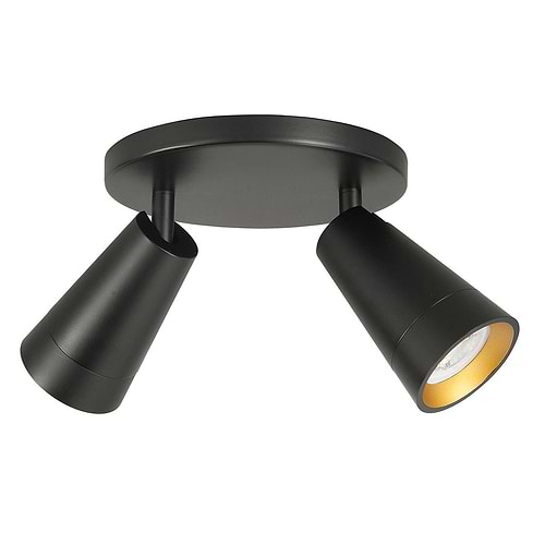 Petunia spot 2-lichts -  De Petunia serie spots van High Light kenmerken zich door een strakke vorm en zijn allemaal volledig draaibaar en kantelbaar -  De buitenzijde van de spots is mat zwart en de binnenzijde mat goud -  De fitting is GU10 LED -  De spot wordt geleverd zonder lichtbronnen - maar in de spots passen vervangbare GU10 lichtbronnen van maximaal 35 Watt - LED -  Ook de Philips HUE lichtbronnen passen in deze spots -  De lichtbron komt iets verdiept in de spot te zitten wat een mooi resultaat geeft met het mat goud van de binnenzijde -  De plafondplaat heeft een diameter van 18 cm en is 2