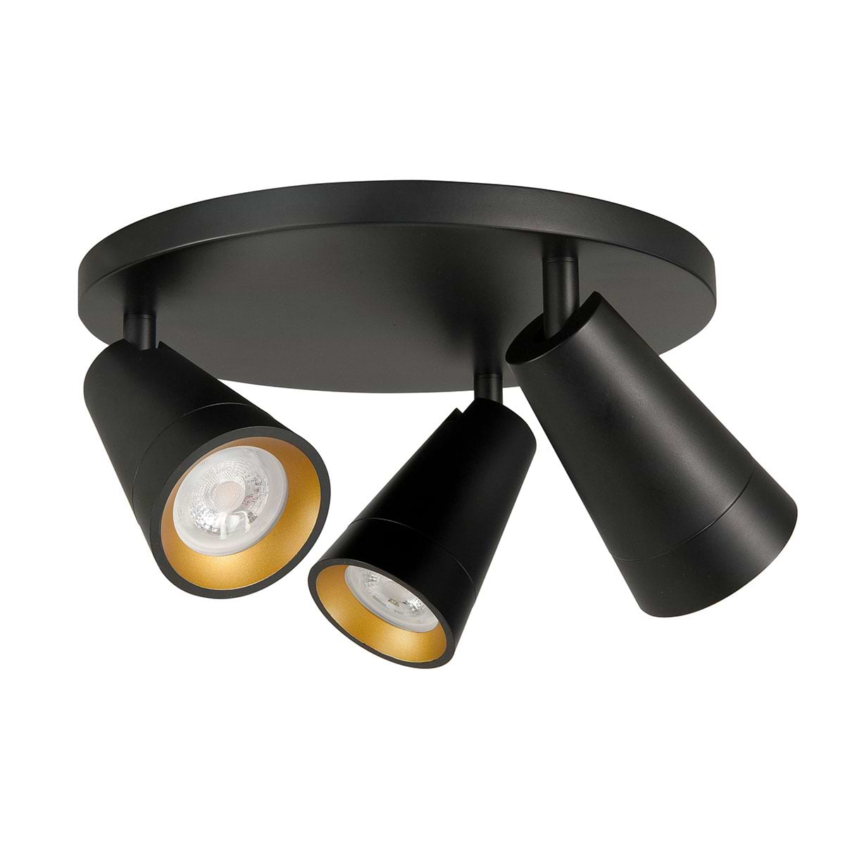 Petunia spot 3-lichts - De Petunia serie spots van High Light kenmerken zich door een strakke vorm en zijn allemaal volledig draaibaar en kantelbaar - De buitenzijde van de spots is mat zwart en de binnenzijde mat goud - De fitting is GU10 LED - De spot wordt geleverd zonder lichtbronnen - maar in de spots passen vervangbare GU10 lichtbronnen van maximaal 35 Watt - LED - Ook de Philips HUE lichtbronnen passen in deze spots - De lichtbron komt iets verdiept in de spot te zitten wat een mooi resultaat geeft met het mat goud van de binnenzijde - De plafondplaat heeft een diameter van 25 cm en is 2