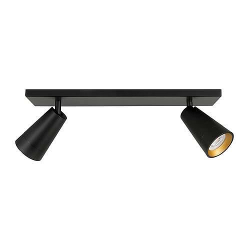 Petunia spot 2-lichts balk -  De Petunia serie spots van High Light kenmerken zich door een strakke vorm en zijn allemaal volledig draaibaar en kantelbaar -  De buitenzijde van de spots is mat zwart en de binnenzijde mat goud -  De fitting is GU10 LED -  De spot wordt geleverd zonder lichtbronnen - maar in de spots passen vervangbare GU10 lichtbronnen van maximaal 35 Watt - LED -  Ook de Philips HUE lichtbronnen passen in deze spots -  De lichtbron komt iets verdiept in de spot te zitten wat een mooi resultaat geeft met het mat goud van de binnenzijde -  De plafondplaat heeft een lengte van 40 cm en een breedte van 9