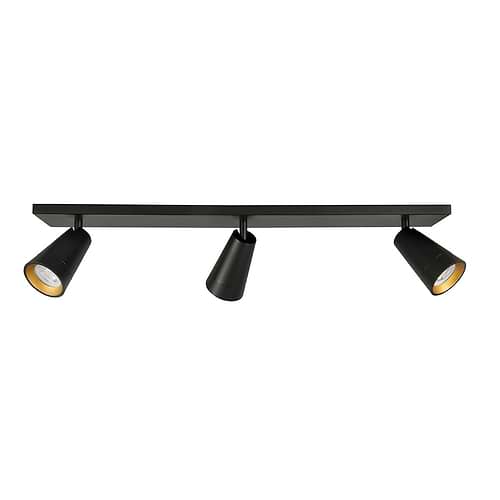 Petunia spot 3-lichts balk -  De Petunia serie spots van High Light kenmerken zich door een strakke vorm en zijn allemaal volledig draaibaar en kantelbaar -  De buitenzijde van de spots is mat zwart en de binnenzijde mat goud -  De fitting is GU10 LED -  De spot wordt geleverd zonder lichtbronnen - maar in de spots passen vervangbare GU10 lichtbronnen van maximaal 35 Watt - LED -  Ook de Philips HUE lichtbronnen passen in deze spots -  De lichtbron komt iets verdiept in de spot te zitten wat een mooi resultaat geeft met het mat goud van de binnenzijde -  De plafondplaat heeft een lengte van 65 cm en een breedte van 9