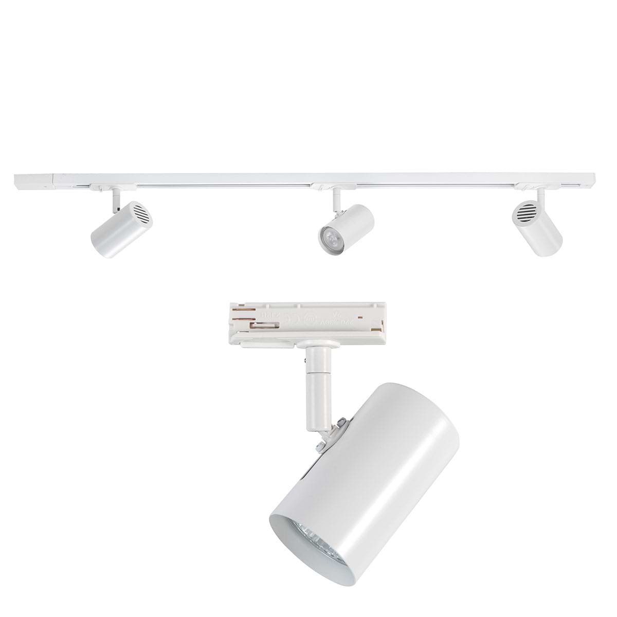 Railverlichting - set van witte spanningrail 100 cm met 3 witte cilinder spots - GU10 LED - HIGH LIGHT - Dit moderne 1 fase railsysteem van Highlight is ook leverbaar met retro bol spots - En de hele serie is ook verkrijgbaar in de kleur mat zwart - Deze set is bovendien volledig uit te breiden - Het railsysteem kunt u namelijk koppelen aan meer rail en u kunt meer spots in het railsysteem schuiven - In onze webshop vindt u in de categorie Railverlichting rails van 100 cm en van 150 cm - allerlei koppelstukken - verbinders en ook bochten om het systeem uit te breiden - Zelfs een adapter om eventueel een hanglamp aan het systeem te hangen - Alle items in onze webshop met code RSWebo-1 - passen bij elkaar - De spots zijn te verschuiven - draaibaar en kantelbaar - De aansluitvoeding zit aan het begin van de rail daar zit ook het kroonsteentje om de aansluiting te maken - De rail in deze samengestelde set heeft een lengte van 100 cm - een breedte van 3