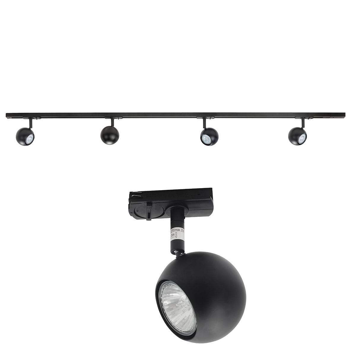 Railverlichting - set van mat zwarte spanningrail 150 cm met 4 mat zwarte retro bol spots - GU10 LED - HIGH LIGHT - Dit moderne 1 fase railsysteem van Highlight is ook leverbaar met cilinder spots - En de hele serie is ook verkrijgbaar in de kleur wit - Deze set is bovendien volledig uit te breiden - Het railsysteem kunt u namelijk koppelen aan meer rail en u kunt meer spots in het railsysteem schuiven - In onze webshop vindt u in de categorie Railverlichting rails van 150 cm en van 100 cm - allerlei koppelstukken - verbinders en ook bochten om het systeem uit te breiden - Zelfs een adapter om eventueel een hanglamp aan het systeem te hangen - Alle items in onze webshop met code RSWebo-1 - passen bij elkaar - De spots zijn te verschuiven - draaibaar en kantelbaar - De aansluitvoeding zit aan het begin van de rail daar zit ook het kroonsteentje om de aansluiting te maken - De rail in deze samengestelde set heeft een lengte van 150 cm - een breedte van 3
