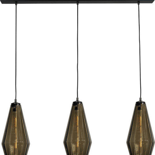 Hanglamp Diamond 3-lichts mat zwart 100x8cm - 3x glas smoke Ø18x36cm - kabel zwart pvc 150cm - MASTERLIGHT