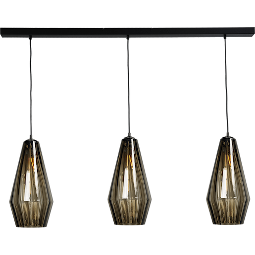Hanglamp Diamond 3-lichts mat zwart 130x8cm - glas smoke Ø23x46cm - kabel zwart pvc 150cm - MASTERLIGHT