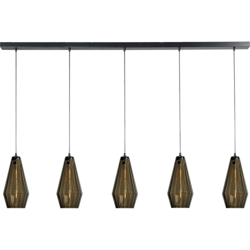 Hanglamp Diamond 5-lichts mat zwart 160x8cm - glas smoke Ø18x36cm - kabel zwart pvc 150cm - MASTERLIGHT