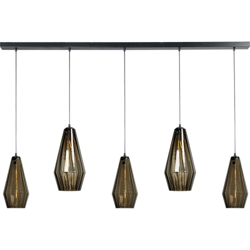 Hanglamp Diamond 5-lichts mat zwart 160x8cm - 2x glas smoke 23x46cm + 3x glas smoke 18x36cm - MASTERLIGHT