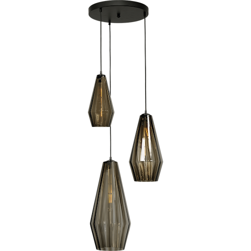 Hanglamp Diamond 3-lichts mat zwart Ø35cm - glas smoke Ø18+Ø23+Ø27cm - MASTERLIGHT
