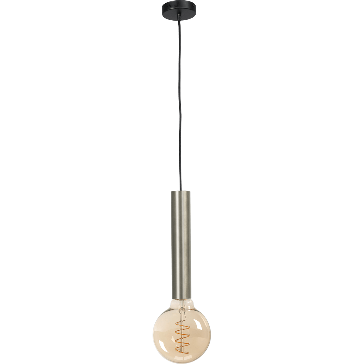 Hanglamp Tomasso 1-lichts mat nikkel E27 - Ø45x250mm - zwarte stoffen kabel 200cm - MASTERLIGHT