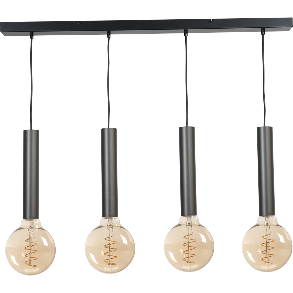 Hanglamp Tomasso 4-lichts mat zwart - plafondplaat zwarte 100x8cm - zwarte stoffen kabel 150cm - MASTERLIGHT