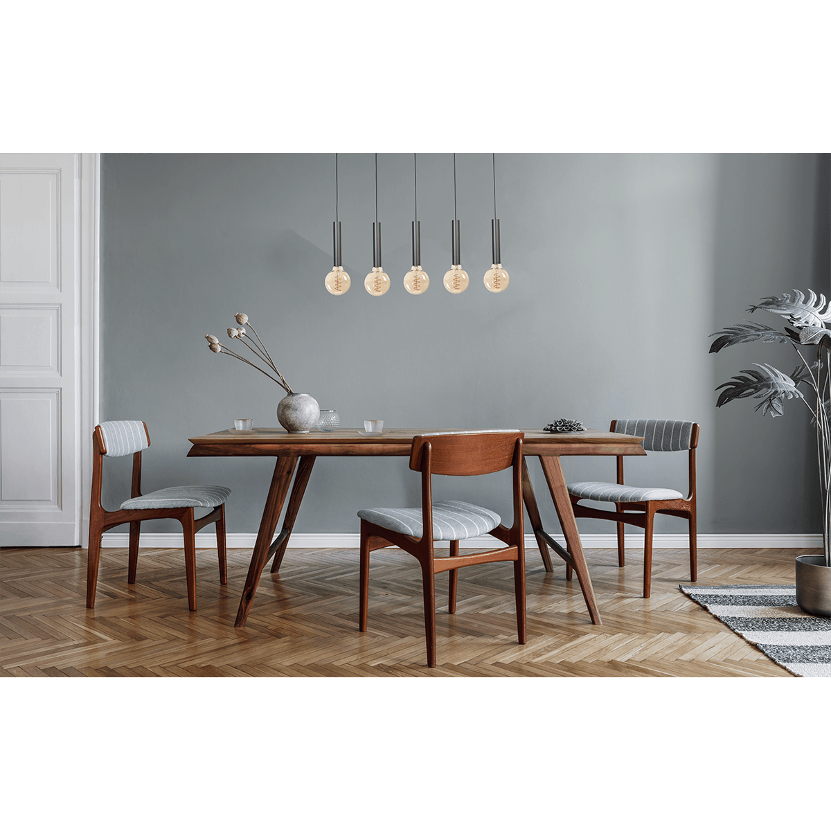 Hanglamp Tomasso 5-lichts mat zwart - plafondplaat zwarte 130x8cm - zwarte stoffen kabel 150cm - MASTERLIGHT