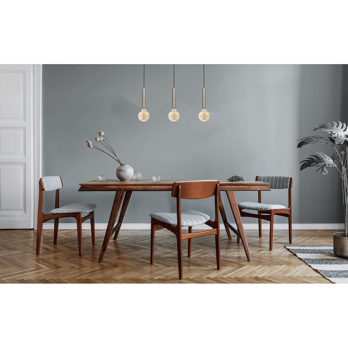 Hanglamp Tomasso 3-lichts nikkel mat - plafondplaat zwarte 100x8cm - zwarte stoffen kabel 150cm - MASTERLIGHT