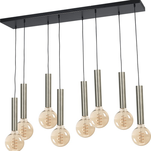 Hanglamp Tomasso 8-lichts nikkel mat - plafondplaat zwarte 130x25cm - zwarte stoffen kabel 150cm - MASTERLIGHT