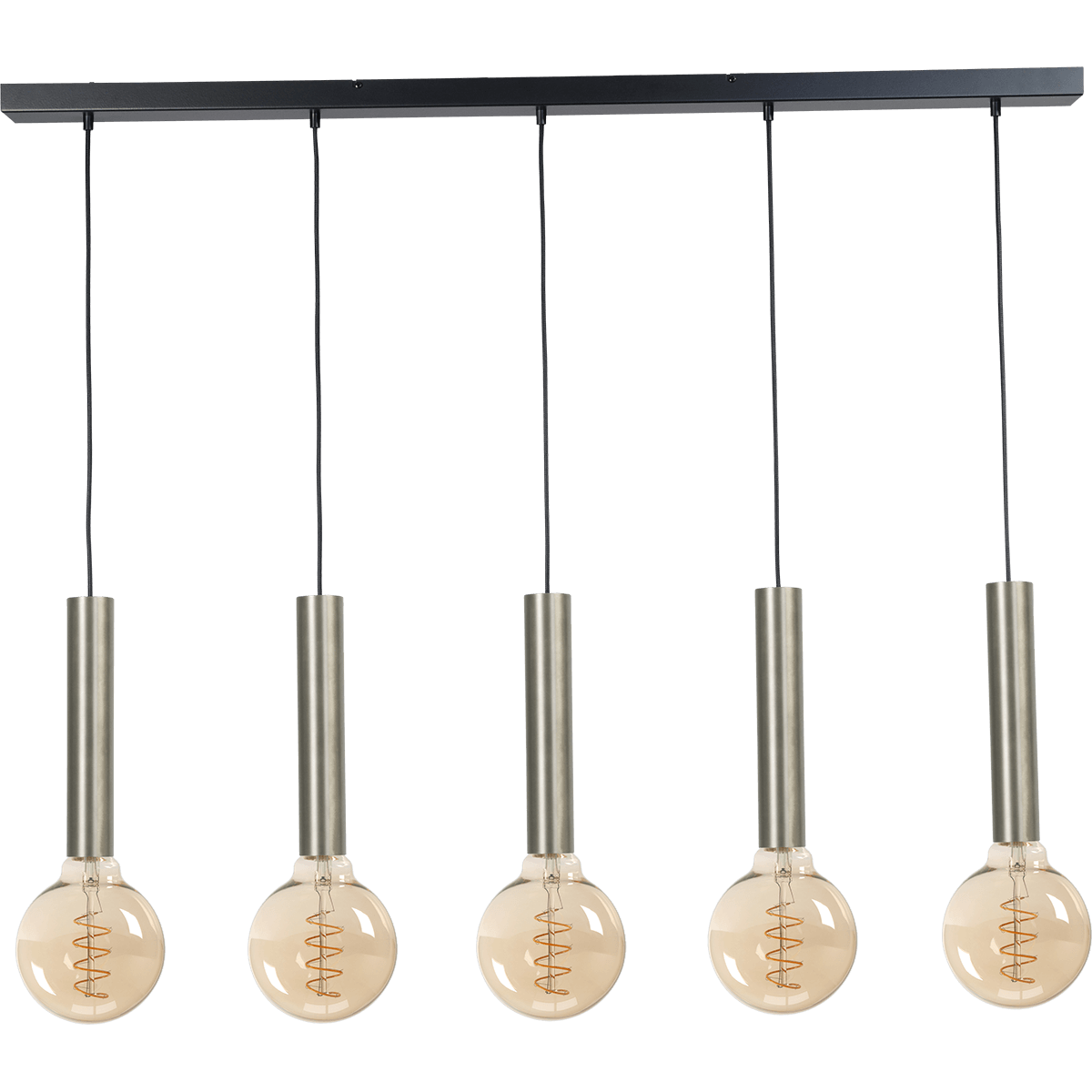 Hanglamp Tomasso 5-lichts nikkel mat - plafondplaat zwarte 130x8cm - zwarte stoffen kabel 150cm - MASTERLIGHT
