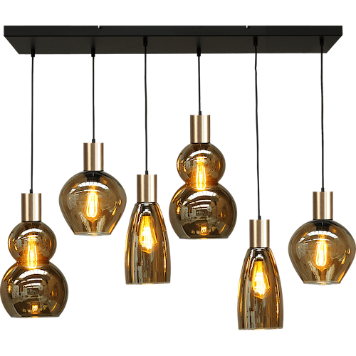 Hanglamp Bounty 6-lichts mat zwart/mat goud 100x25cm - + 2x glas smoke 62260-05-2 + 2x 62260-05-3+2x 62260-05-5 - zwarte kabel 150cm - MASTERLIGHT