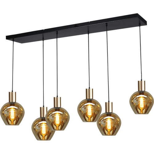 Hanglamp Bounty 6-lichts mat zwart/mat goud 130x25cm - 6x E27 zwart textile kabel - 6x glas smoke 62260-05-3 - MASTERLIGHT