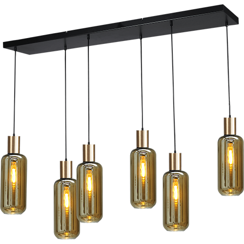 Hanglamp Bounty 6-lichts mat zwart/mat goud 130x25cm - 6x E27 zwart textile kabel - 6x glas smoke 62260-05-5 - MASTERLIGHT