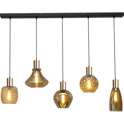 Hanglamp Bounty 5-lichts mat zwart/mat goud 130x8cm - zwart textile kabel 150cm - glas smoke 62260-05-.. - 1x 1 + 1x 3 + 1x 10 + 1x 12 + 1x 13 - MASTERLIGHT
