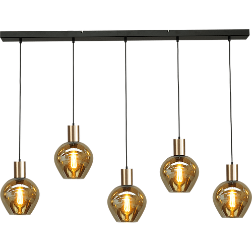 Hanglamp Bounty 5-lichts mat zwart/mat goud 130x8cm - 5x E27 zwart textile kabel - 5x glas smoke 62260-05-3 - MASTERLIGHT