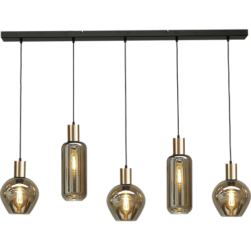 Hanglamp Bounty 5-lichts mat zwart/mat goud 130x8cm - 5x E27 zwart textile kabel - 3x glas smoke 62260-05-3 - +2x glas smoke 62260-05-5 - MASTERLIGHT