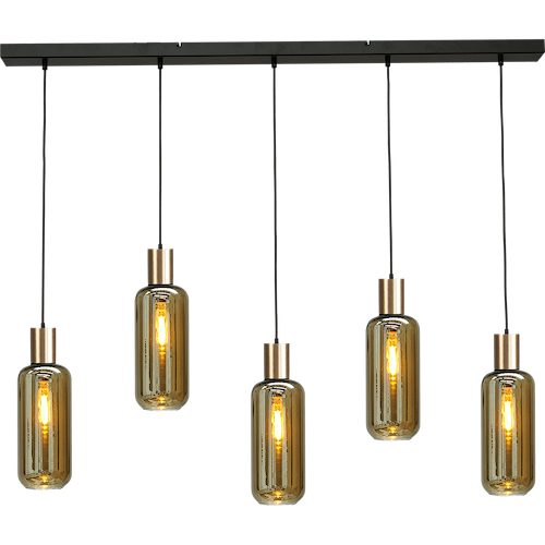 Hanglamp Bounty 5-lichts mat zwart/mat goud 130x8cm - 5x E27 zwart textile kabel - 5x glas smoke 62260-05-5 - MASTERLIGHT