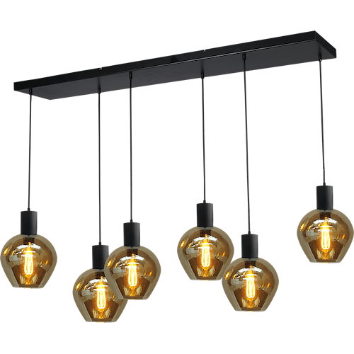 Hanglamp Bounty 6-lichts mat zwart 130x25cm - 6x E27 hanger mat zwart - 6x glas smoke 62260-05-3 - MASTERLIGHT