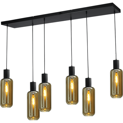 Hanglamp Bounty 6-lichts mat zwart 130x25cm - 6x E27 hanger mat zwart - 6x glas smoke 62260-05-5 - MASTERLIGHT